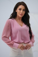 Elegancka bluzka damska z szyfonowym długim rękawem dekolt V mankiety z guzikiem - pudrowy róż